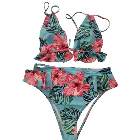 source unkown Other - Floral Bikini Blue Pink Swimsuit Womens Size XL